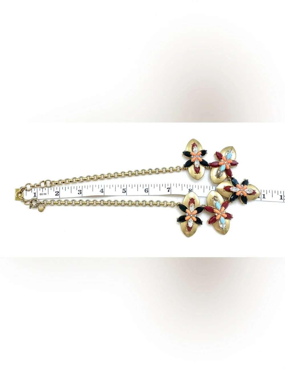 J. Crew Gold Floral Necklace with Black, Red, Orange, Light Blue Accents
